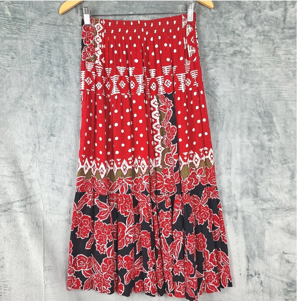 Vtg Womens Skirt Small Red Y2K Boho Hippie Peasant Maxi Floral Polka Dot Cottage